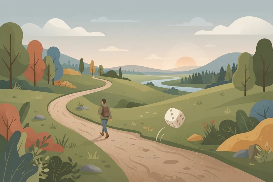 A solo hiker walking a well-worn path through a valley at dusk, a die bouncing on the ground nearby.