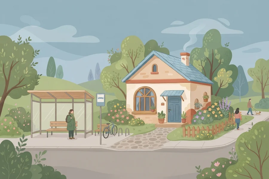 An illustration of a small house next to a bus stop with a bicycle rack, in a quiet residential neighborhood.