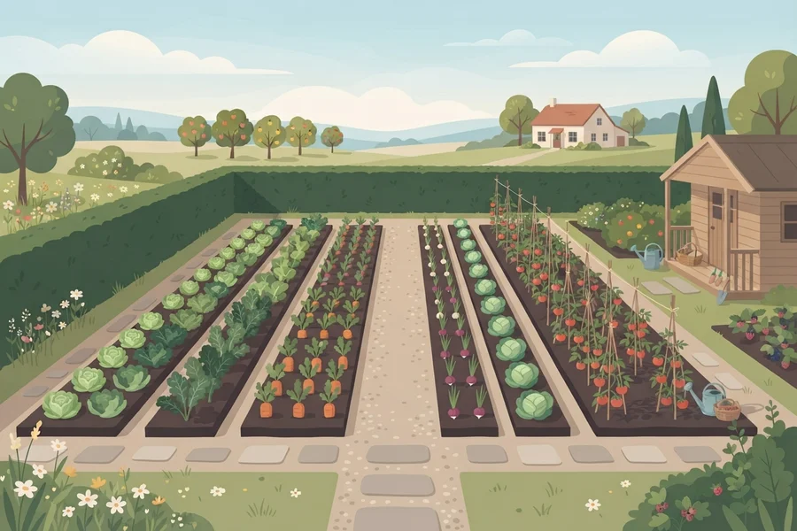 Illustration of a neat, orderly vegetable garden with straight rows and a garden shed