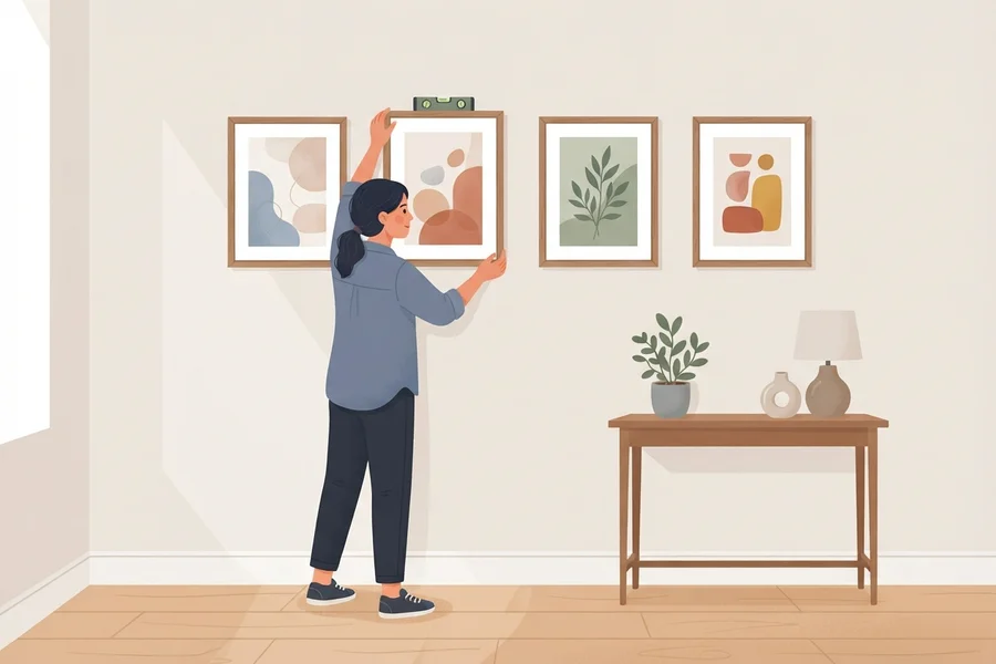 Illustration of a person carefully leveling framed pictures on a wall.