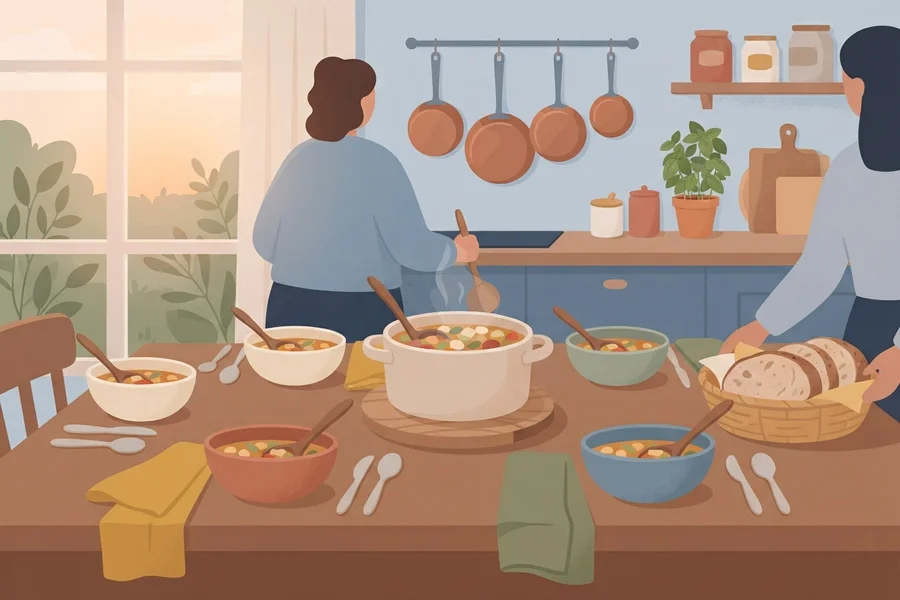 Illustration of two people preparing and serving soup together in a kitchen