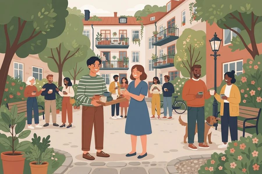 Illustration of a person handing out drinks to a group of neighbors outdoors.