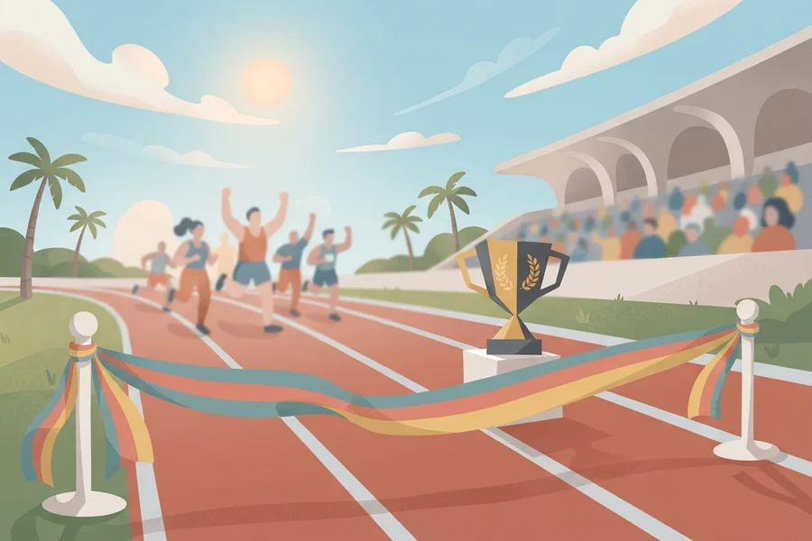 Illustration of runners crossing a finish line beside a trophy on a track