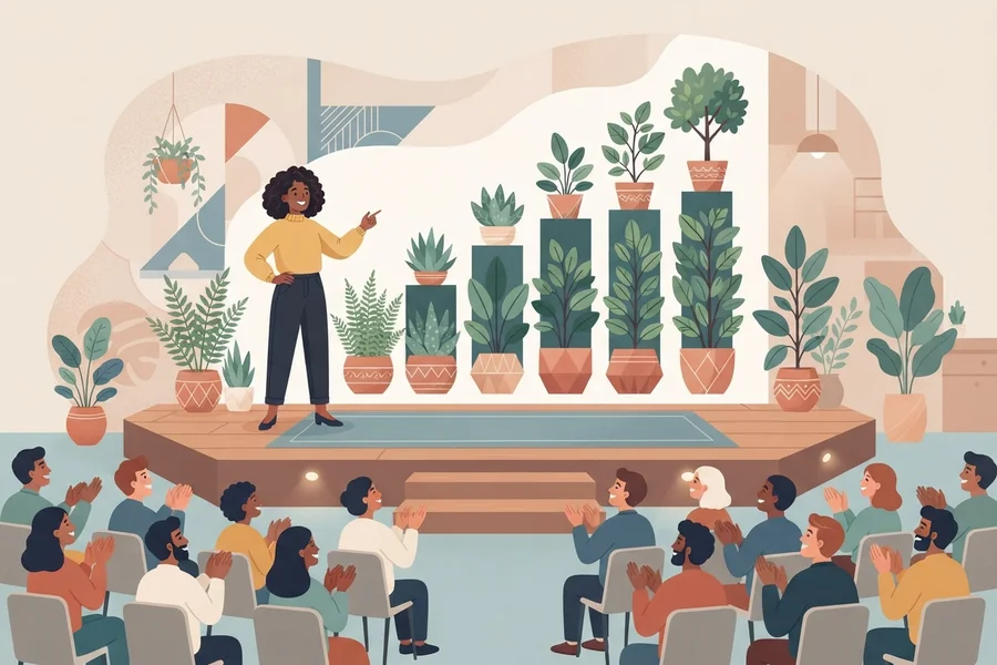 Illustration of a person presenting confidently on a stage to an applauding audience.