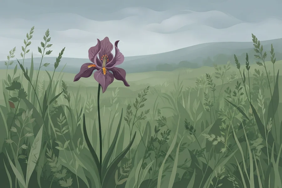 Illustration of a single purple iris flower standing out in a grassy field