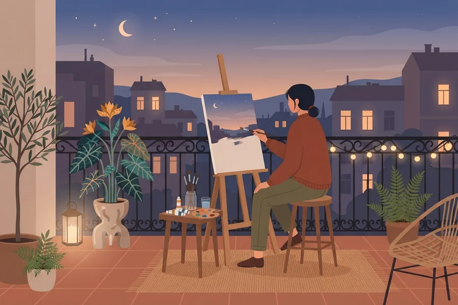 Illustration of a person painting a night cityscape on an easel on a balcony.