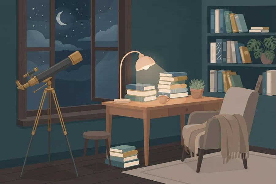 Illustration of a quiet study at night with a telescope, desk lamp, and books