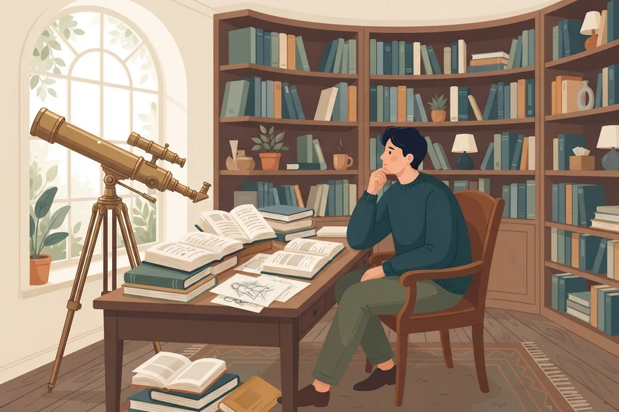 Illustration of a person thinking at a desk surrounded by open books and a telescope.