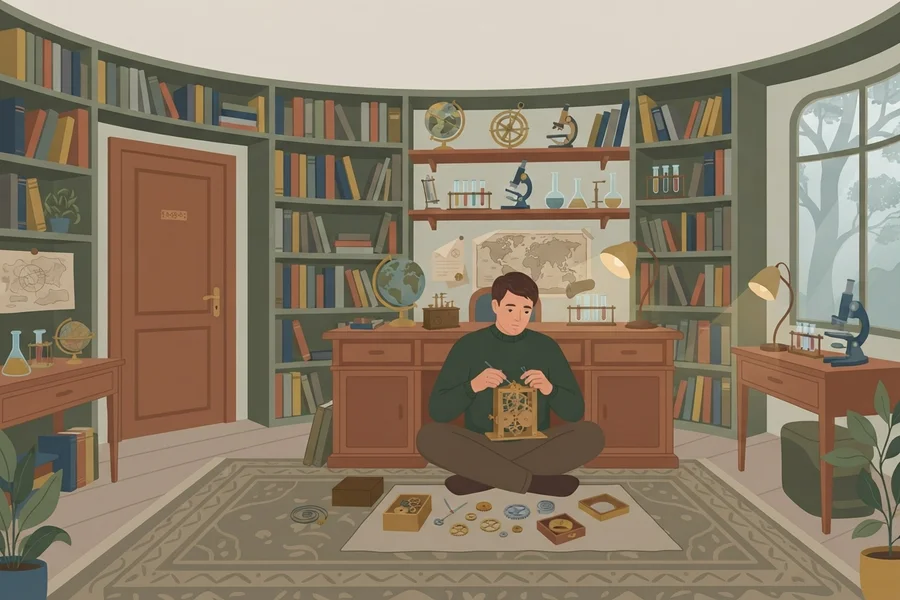 Человек сидит на полу в кабинете с книгами и собирает механический часовой механизм