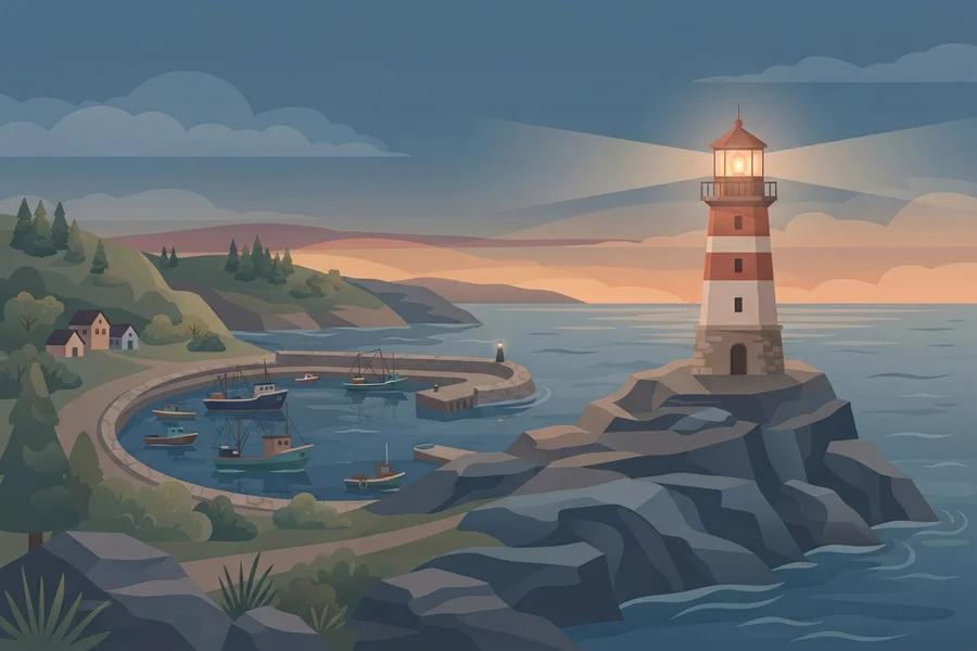 Illustration of a lighthouse overlooking a harbor with fishing boats at dusk