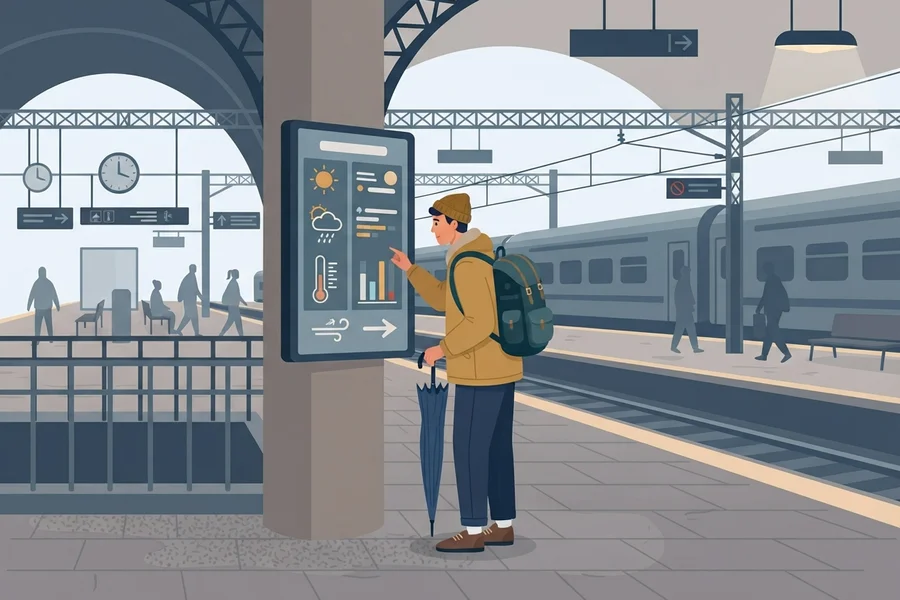 Illustration of a person checking a departures board at a train station, umbrella in hand.