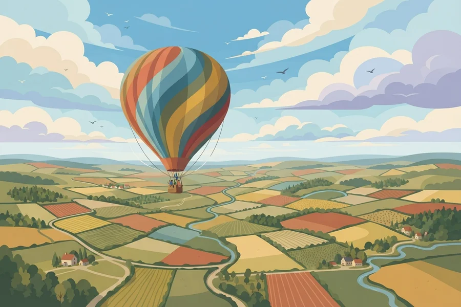 Illustration of a colorful hot air balloon floating over patchwork countryside