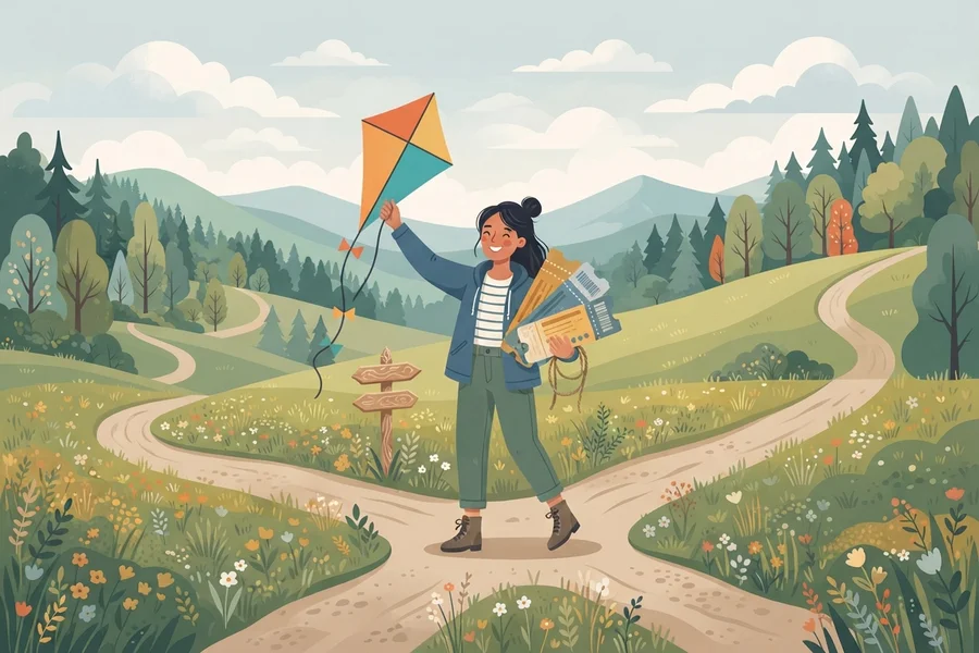 Illustration of a person holding a kite and tickets at a fork in a country path.