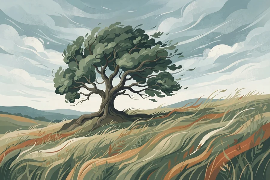 Illustration of a windswept tree standing firm against strong wind in an open field