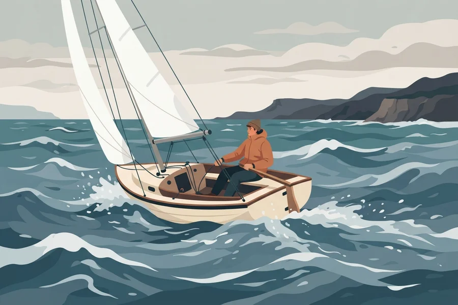 Illustration of a person sailing a small boat alone through rough water.