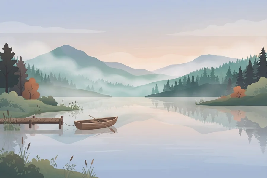 Illustration of a calm lake at dawn with a small rowboat docked at a wooden pier