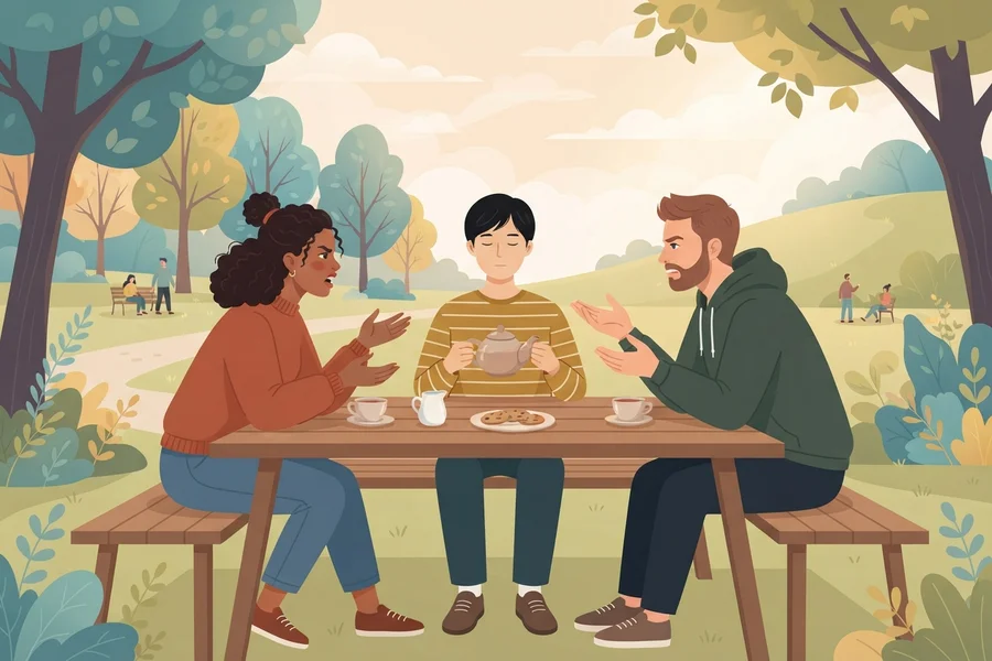 Illustration of three friends sitting at an outdoor table talking over tea while one of them stays quiet.
