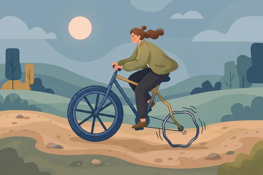 Ilustración de una persona en bicicleta con una rueda normal y la otra deformada y temblorosa.
