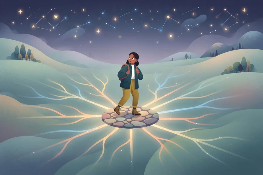 Ilustración de una persona de pie sobre un pequeño círculo de piedra del que salen varios caminos luminosos en distintas direcciones, bajo un cielo estrellado.