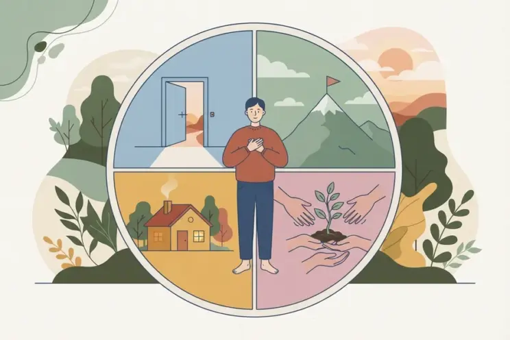 Illustration of a person standing inside a circle divided into four scenes: an open door, a mountain peak, a house under a tree, and hands passing a small plant.