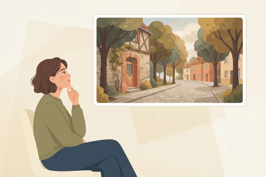 A woman looking up in thought beside a bright, detailed illustrated scene of a street lined with houses and trees.