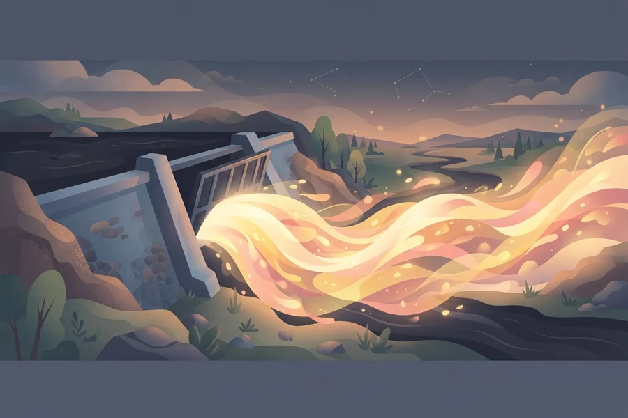 Ilustración de una represa desbordada por una corriente de luz cálida que se derrama con fuerza hacia un arroyo, bajo un cielo nocturno estrellado.