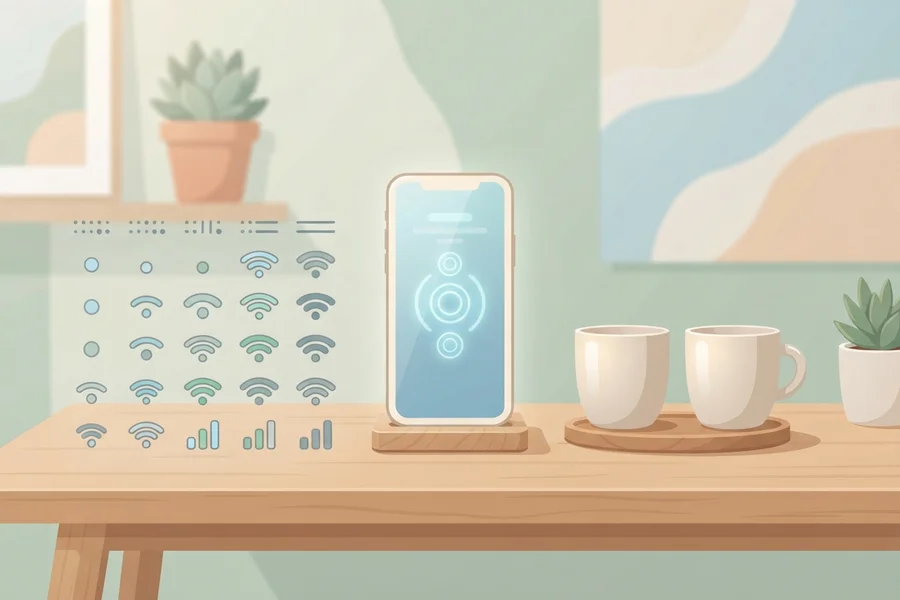 Teléfono de pie con círculos concéntricos en la pantalla, junto a una cuadrícula de símbolos y barras de señal ordenados en filas y columnas, sobre un escritorio con dos tazas y una planta.