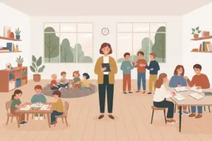 Illustration of a smiling teacher standing in a bright classroom, surrounded by groups of children and teens of different ages, each doing something different.