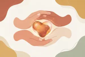 Two illustrated hands cupping a glowing heart, framed by warm terracotta, gold, and sage shapes.