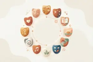 Twelve pastel theatrical masks arranged in a circle around a faint ring, each marked with a different small symbol.