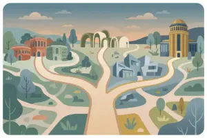 An illustrated landscape at dusk where one path splits into several branches, each leading toward a different cluster of buildings, from small domed houses to a tall bell-tower building.