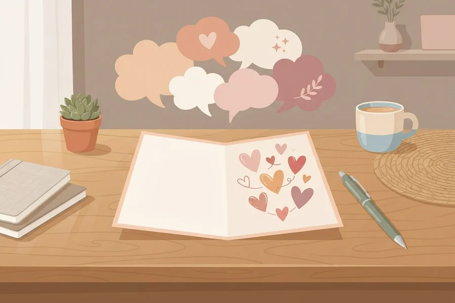 An open handmade card covered in drawn hearts on a desk, with speech-bubble shapes on the wall above it.