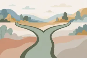 An illustration of a single path splitting into two diverging trails across a hilly landscape.